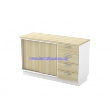 B-YSP 7124 Melamine Woodgrain Sliding Door Low Cabinet + 4 Drawer Fixed Pedestal