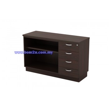 Q-YOP 7124 Fully Woodgrain Open Shelf Low Cabinet + 4 Drawer Fixed Pedestal