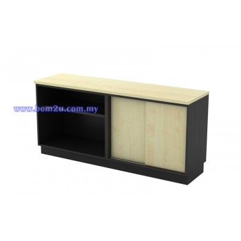T-YOS Melamine Woodgrain Dual Open Shelf + Sliding Door Low Cabinet With Lock