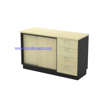 T-YSP 7124 Melamine Woodgrain Sliding Door Low Cabinet + 4 Drawer Fixed Pedestal